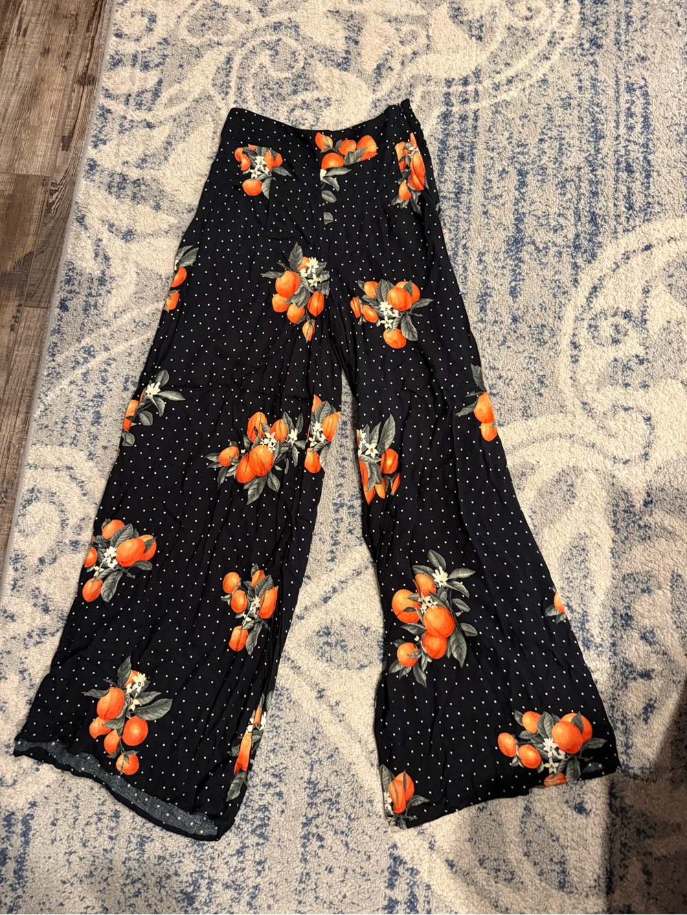 Women’s forever 21 Black Wide-Leg Pants with Orange Fruit Print - xsmall
